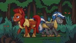 Size: 2560x1440 | Tagged: safe, artist:mysticalpha, derpibooru import, oc, oc:captain sunride, oc:cloud zapper, pegasus, pony, timber wolf, armor, forest, image, male, pegasus oc, png, royal guard, royal guard armor, stallion, tree, wings