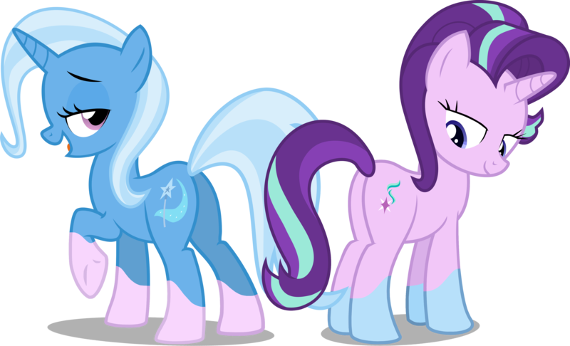 Size: 4002x2429 | Tagged: safe, artist:the smiling pony, artist:uigsyvigvusy, derpibooru import, edit, edited edit, editor:slayerbvc, vector edit, starlight glimmer, trixie, pony, unicorn, butt, female, glimmer glutes, image, lidded eyes, looking back, mare, plot, png, pony to pony, raised hoof, simple background, socks (coat marking), the great and powerful ass, transparent background, underhoof, vector