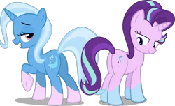 Size: 4002x2429 | Tagged: safe, artist:the smiling pony, artist:uigsyvigvusy, derpibooru import, edit, edited edit, editor:slayerbvc, vector edit, starlight glimmer, trixie, pony, unicorn, butt, female, glimmer glutes, image, lidded eyes, looking back, mare, plot, png, pony to pony, raised hoof, simple background, socks (coat marking), the great and powerful ass, transparent background, underhoof, vector
