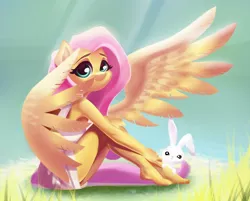 Size: 1024x824 | Tagged: safe, artist:blue mey, artist:bluemey_, derpibooru import, angel bunny, fluttershy, anthro, pegasus, plantigrade anthro, barefoot, clothes, crepuscular rays, cute, dress, feet, female, image, jpeg, looking at you, partial nudity, schrödinger's pantsu, shyabetes, sitting, wings