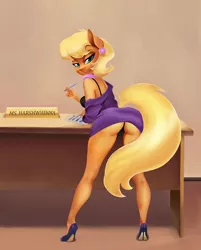 Size: 1738x2160 | Tagged: suggestive, artist:blue mey, artist:bluemey_, derpibooru import, ms. harshwhinny, anthro, earth pony, plantigrade anthro, pony, ass, bedroom eyes, bent over, black underwear, bra, breasts, butt, clothes, desk, ear piercing, earring, female, high heels, image, jewelry, jpeg, looking at you, looking back, looking back at you, looking over shoulder, mare, panties, pencil, piercing, rear view, shoes, skirt, solo, underwear, undressing, upskirt