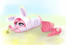 Size: 1000x696 | Tagged: safe, artist:valeria_fills, derpibooru import, pinkie pie, earth pony, pony, animal costume, bunny costume, clothes, costume, digital art, female, flower, image, jpeg, kigurumi, lying down, mare, pinkamena diane pie, solo, tail, tired