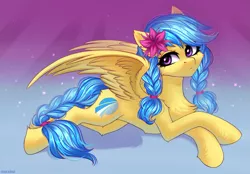 Size: 2475x1726 | Tagged: safe, artist:hakaina, derpibooru import, oc, oc:jeppesen, unofficial characters only, pegasus, pony, braid, braided tail, chest fluff, commission, cute, ear fluff, feather, female, flower, flower in hair, gradient background, image, looking at you, lying down, mare, multicolored hair, pegasus oc, png, solo, twin braids, wings, ych result, yellow fur, your character here