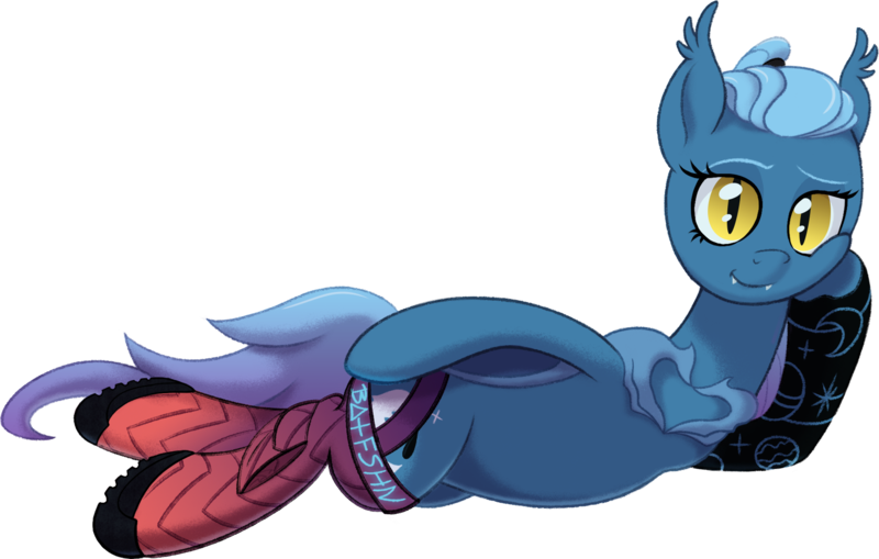 Size: 1730x1100 | Tagged: safe, artist:crystalightrocket, derpibooru import, oc, oc:nightforce, unofficial characters only, bat pony, pony, derpibooru community collaboration, 2021 community collab, bat pony oc, bat wings, blackwork, cargosox, clothes, cute, cute little fangs, draw me like one of your french girls, ear tufts, fangs, female, image, lidded eyes, lying, mare, png, ponytail, raised eyebrow, shoes, simple background, slit eyes, slit pupils, smiling, socks, solo, tattoo, transparent background, wing hooks, wings, yellow eyes