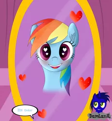 Size: 3840x4154 | Tagged: safe, artist:damlanil, derpibooru import, rainbow dash, pegasus, pony, 20% cooler, blushing, carousel boutique, comic, cute, dashabetes, female, happy, heart, heart eyes, image, looking at you, mare, mirror, open mouth, png, simple background, smiling, text, vector, wingding eyes, wings