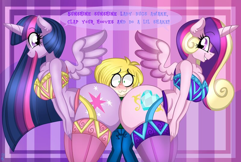 Size: 3020x2030 | Tagged: suggestive, artist:ladylullabystar, banned from derpibooru, deleted from derpibooru, derpibooru import, princess cadance, twilight sparkle, twilight sparkle (alicorn), oc, oc:lunar moon, alicorn, anthro, human, anthro on human action, breasts, busty twilight sparkle, butt, butt touch, canon x oc, clothes, image, jpeg, lovebutt, lucky bastard, plot sandwich, sisters-in-law, socks, stockings, sunshine sunshine, thigh highs, twibutt
