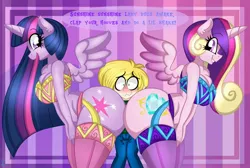 Size: 3020x2030 | Tagged: suggestive, artist:ladylullabystar, banned from derpibooru, deleted from derpibooru, derpibooru import, princess cadance, twilight sparkle, twilight sparkle (alicorn), oc, oc:lunar moon, alicorn, anthro, human, anthro on human action, breasts, busty twilight sparkle, butt, butt touch, canon x oc, clothes, image, jpeg, lovebutt, lucky bastard, plot sandwich, sisters-in-law, socks, stockings, sunshine sunshine, thigh highs, twibutt