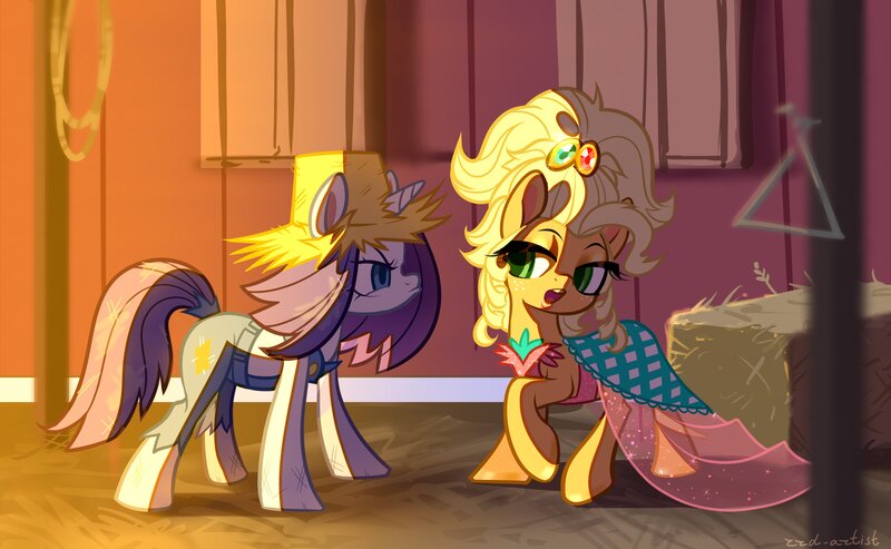 Size: 4096x2524 | Tagged: safe, artist:rrd-artist, derpibooru import, applejack, rarity, earth pony, pony, unicorn, simple ways, alternate hairstyle, applejewel, barn, clothes, dress, duo, female, hat, high res, image, jpeg, mare, messy mane, open mouth, overalls, rarihick, straw hat