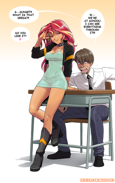 Size: 1520x2408 | Tagged: suggestive, artist:rambon7, derpibooru import, kotobukiya, sunset shimmer, oc, human, equestria girls, boots, breasts, classroom, clothes, collar, dialogue, dress, erect nipples, female, flirting, humanized, image, jacket, legs, lidded eyes, male, nipple outline, panties, patreon, png, see-through, shoes, smiling, straight, underwear