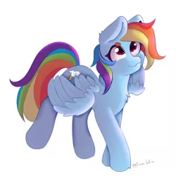 Size: 3512x3512 | Tagged: safe, artist:knochka, derpibooru import, rainbow dash, pegasus, pony, backwards cutie mark, chest fluff, cute, dashabetes, ear fluff, image, png, raised leg, simple background, smiling, solo, white background