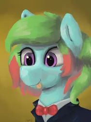 Size: 3000x4000 | Tagged: safe, artist:doughnutwubbs, derpibooru import, oc, oc:precised note, pegasus, pony, bowtie, bust, clothes, cute, eyelashes, image, png, portrait, purple eyes, smiling, suit, tongue out, tuxedo, two toned mane, watermark