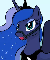 Size: 1500x1785 | Tagged: suggestive, artist:vadytwy, derpibooru import, princess luna, alicorn, pony, ballgag, bdsm, blue background, blue coat, blue eyeshadow, blue mane, bridle, bust, crown, drool, ethereal mane, eyeshadow, female, gag, green eyes, harness gag, horn, image, jewelry, looking forward, makeup, mare, peytral, png, regalia, simple background, solo, solo female, spread wings, starry mane, tack, two toned mane, wings