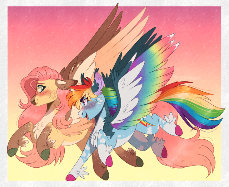 Size: 1496x1224 | Tagged: safe, artist:wanderingpegasus, derpibooru import, fluttershy, rainbow dash, pegasus, pony, alternate hairstyle, blaze (coat marking), blushing, chest fluff, colored hooves, colored wings, feathered fetlocks, female, flutterdash, freckles, gradient wings, image, lesbian, looking at each other, mare, markings, multicolored wings, open mouth, pale belly, png, rainbow wings, raised hoof, raised leg, redesign, running, shipping, socks (coat marking), two toned wings, unshorn fetlocks, wings