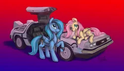 Size: 1761x1007 | Tagged: safe, artist:elisdoominika, derpibooru import, fluttershy, oc, oc:thinker blue, pegasus, pony, back to the future, car, cute, delorean, gradient background, image, lying down, one hoof raised, png, smiling, smiling at you, watch