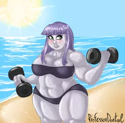 Size: 800x788 | Tagged: safe, artist:professordoctorc, derpibooru import, maud pie, equestria girls, beach, belly button, bikini, blushing, breasts, busty maud pie, clothes, dumbbell (object), female, image, maud pump, musclegut, muscles, muscular female, png, solo, strong fat, sweat, swimsuit, thighs, thunder thighs