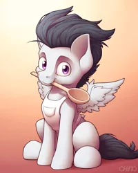 Size: 3200x4000 | Tagged: safe, artist:ohemo, derpibooru import, rumble, pegasus, pony, apron, clothes, colt, cute, image, male, mouth hold, naked apron, png, rumblebetes, solo, spoon, wooden spoon