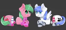 Size: 1326x612 | Tagged: safe, alternate version, artist:thanhvy15599, derpibooru import, oc, oc:pine berry, oc:snow pup, unofficial characters only, earth pony, pegasus, pony, bisection, blue eyes, cake, chibi, clothes, collar, commission, earth pony oc, everything is cake, food, gray background, green eyes, half, image, jpeg, modular, pegasus oc, scarf, simple background, socks, striped socks, wings, ych sketch, your character here