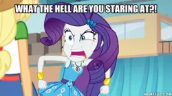 Size: 600x337 | Tagged: safe, derpibooru import, edit, edited screencap, screencap, applejack, rarity, equestria girls, equestria girls series, rollercoaster of friendship, angry, caption, duckman, geode of shielding, image, image macro, jpeg, magical geodes, memeful.com, rarity peplum dress, text