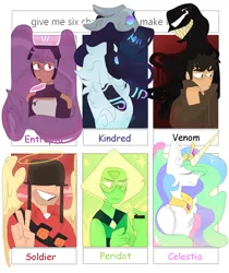Size: 1200x1430 | Tagged: safe, artist:cabbage0venom, derpibooru import, princess celestia, alicorn, human, pony, six fanarts, crossover, entrapta, eyes closed, female, grin, halo, helmet, image, jewelry, kindred, league of legends, male, mare, marvel comics, peridot (steven universe), peytral, png, she-ra and the princesses of power, smiling, soldier, steven universe, team fortress 2, tiara, venom