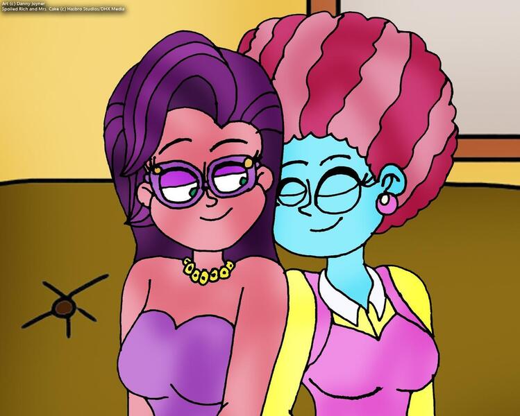 Size: 1280x1026 | Tagged: safe, artist:rdj1995, derpibooru import, cup cake, spoiled rich, equestria girls, afro, bedroom eyes, ear piercing, earring, equestria girls-ified, female, glasses, image, infidelity, jewelry, jpeg, lesbian, necklace, piercing, shipping, snuggling, spoiledcake