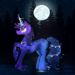 Size: 935x935 | Tagged: safe, artist:rxndxm.artist, derpibooru import, oc, oc:shooting star, unofficial characters only, pony, unicorn, ethereal mane, female, full moon, galaxy mane, horn, image, jpeg, mare, moon, night, solo, tree, unicorn oc
