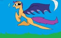 Size: 1122x690 | Tagged: safe, artist:pawstheartest, derpibooru import, scootaloo, bat pony, pony, 1000 hours in ms paint, bat ponified, crescent moon, fangs, female, filly, flying, image, moon, open mouth, png, race swap, scootabat, scootaloo can fly, solo, sombra eyes