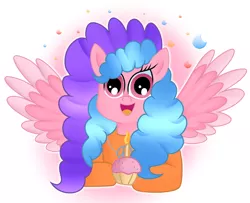 Size: 3000x2440 | Tagged: safe, artist:doraeartdreams-aspy, derpibooru import, oc, oc:bella pinksavage, unofficial characters only, pegasus, birthday, bodysuit, candle, catsuit, clothes, cupcake, female, food, happy, hippie, image, jewelry, latex, latex suit, necklace, peace suit, peace symbol, pegasus oc, png, rubber suit, solo, wings