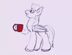 Size: 619x468 | Tagged: safe, artist:twomakesaparty, derpibooru import, oc, oc:devin, unofficial characters only, bat pony, bat pony oc, bat wings, cup, cute, digital art, happy, holding, image, jpeg, looking up, mug, red, simple background, sketch, smiling, solo, white background, wings
