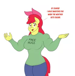 Size: 1570x1588 | Tagged: safe, artist:matchstickman, derpibooru import, apple bloom, anthro, earth pony, pony, tumblr:where the apple blossoms, apple bloom's bow, apple brawn, bow, breasts, busty apple bloom, clothes, comic, dialogue, female, free hugs, hair bow, image, jeans, long sleeves, looking at you, mare, matchstickman's apple brawn series, muscles, muscular female, older, older apple bloom, pants, png, simple background, solo, speech bubble, sweater, talking to viewer, tumblr comic, white background