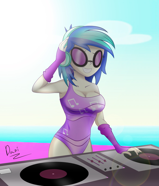 Size: 2400x2800 | Tagged: safe, artist:danielitamlp, derpibooru import, vinyl scratch, equestria girls, beach, big breasts, breasts, busty vinyl scratch, clothes, female, gloves, headphones, image, jpeg, long gloves, ocean, one-piece swimsuit, raised arm, smiling, solo, sun, sunglasses, swimsuit, turntable