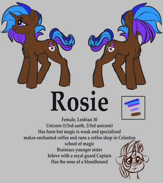 Size: 1920x2154 | Tagged: safe, artist:brainiac, derpibooru import, oc, oc:rose sniffer, oc:rosie, pony, unicorn, derpibooru exclusive, female, image, mare, png, reference sheet, solo