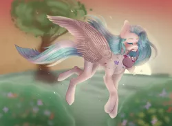 Size: 1280x936 | Tagged: safe, artist:justkattyo, derpibooru import, oc, unofficial characters only, pegasus, pony, basket, eyes closed, female, flying, image, jpeg, meadow, mouth hold, solo, tree