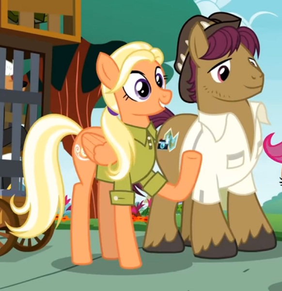 Size: 2048x2111 | Tagged: safe, derpibooru import, screencap, mane allgood, snap shutter, earth pony, pegasus, pony, the last crusade, clothes, cropped, female, hat, image, jpeg, male, mare, partially clothed, scootaloo's parents, shirt, stallion