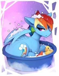 Size: 2240x2862 | Tagged: safe, artist:yakovlev-vad, derpibooru import, rainbow dash, pegasus, pony, angry, bath, female, frown, image, mare, png, rainbow dash is not amused, rubber duck, solo, unamused, water, wet, wet mane