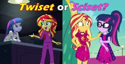 Size: 2187x1116 | Tagged: safe, derpibooru import, edit, edited screencap, screencap, sci-twi, sunset shimmer, twilight sparkle, equestria girls, rainbow rocks, spring breakdown, caption, choice, clothes, female, hand on shoulder, image, image macro, kitchen, lesbian, pajamas, png, scitwishimmer, shipping, shipping war, smiling, sunsetsparkle, text