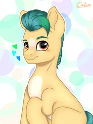 Size: 768x1024 | Tagged: safe, artist:delfinaluther, derpibooru import, hitch trailblazer, earth pony, pony, abstract background, blaze (coat marking), blushing, g5, heart, image, looking at you, male, pale belly, png, raised hoof, signature, sitting, smiling, solo