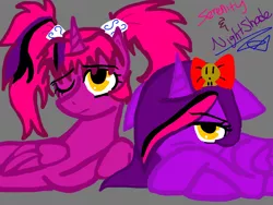 Size: 2048x1536 | Tagged: safe, artist:artmama113, derpibooru import, oc, oc:night shade, oc:serenity, unofficial characters only, alicorn, pony, alicorn oc, bow, female, gray background, hair bow, horn, image, jpeg, mare, one eye closed, pigtails, simple background, twins, wings, wink