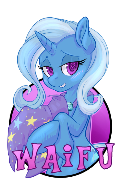 Size: 825x1275 | Tagged: safe, artist:hobbes-maxwell, derpibooru import, trixie, pony, unicorn, badge, blushing, clothes, female, hat, heart eyes, image, jpeg, simple background, solo, trixie's hat, waifu, waifu badge, white background, wingding eyes