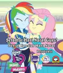 Size: 720x829 | Tagged: safe, derpibooru import, edit, edited screencap, screencap, fluttershy, rainbow dash, equestria girls, equestria girls series, holidays unwrapped, spoiler:eqg series (season 2), clothes, cropped, cute, dashabetes, dashing through the mall, eyes closed, female, geode of fauna, geode of super speed, hug, image, indonesia, indonesian, magical geodes, pants, perdana record, pink camera, png, pt. musik perdana kreativa, shipping fuel, shyabetes, smiling