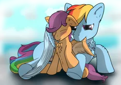 Size: 5016x3541 | Tagged: safe, artist:db, banned from derpibooru, deleted from derpibooru, derpibooru import, rainbow dash, scootaloo, pegasus, pony, blushing, chest fluff, cloud, eyes closed, female, grooming, image, peaceful, png, preening, scootalove, siblings, sisters, smiling, wings