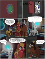 Size: 1300x1712 | Tagged: safe, artist:cactuscowboydan, author:bigonionbean, derpibooru import, big macintosh, flash sentry, shining armor, trouble shoes, clydesdale, earth pony, pegasus, pony, unicorn, comic:the birth of speedy hooves, basement, book, comic, commissioner:bigonionbean, cutie mark, dialogue, door, dresser, flashback, fusion, hat, image, jpeg, laboratory, magic, male, potion, stallion, underground