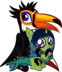 Size: 1021x1185 | Tagged: safe, artist:lightningbolt, derpibooru import, oc, oc:demon hellspawn, oc:tristão, unofficial characters only, bird, gryphon, half-siren, hybrid, pony, toco toucan, toucan, derpibooru community collaboration, 2021 community collab, baby, beak, colored hooves, colt, curved horn, derpibooru exclusive, duo, duo male, fangs, feather, fins, fish tail, folded wings, gay, hair over one eye, happy, hoof hold, horn, image, jewelry, looking at you, magical gay spawn, male, necklace, offspring, open beak, open mouth, paws, plushie, png, pointy ponies, scales, shipping, simple background, sitting, slit eyes, spots, tail, talons, tongue out, toucan griffon, transparent background, wings