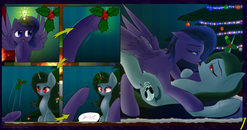 Size: 4096x2160 | Tagged: suggestive, artist:darbedarmoc, derpibooru import, oc, oc:luamore, oc:minerva, unofficial characters only, pegasus, pony, unicorn, comic:bottoms up, carpet, christmas, christmas lights, christmas tree, clock, comic, cute, cutie mark, drool, drool string, fireplace, garland, holiday, holly, holly mistaken for mistletoe, image, jpeg, kissing, lamp, new year, tongue out, tongue play, tree, two toned mane