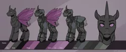 Size: 2500x1036 | Tagged: safe, artist:waxraven, derpibooru import, oc, oc:raksies monaway, changeling, armor, commission, image, png, purple changeling, reference sheet