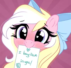 Size: 2434x2341 | Tagged: safe, artist:emberslament, derpibooru import, oc, oc:bay breeze, unofficial characters only, pegasus, pony, blushing, bow, cute, daaaaaaaaaaaw, female, hair bow, happy, heart eyes, image, looking at you, mare, mouth hold, ocbetes, paper, png, positive ponies, pun, wingding eyes