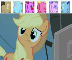 Size: 1530x1292 | Tagged: safe, derpibooru import, edit, edited screencap, screencap, applejack, berry punch, berryshine, cherry berry, doctor whooves, linky, minuette, sea swirl, seafoam, shoeshine, time turner, earth pony, pony, unicorn, derpibooru, twibooru, a flurry of emotions, a royal problem, trade ya, berry butt, butt, butt only, cherryplot, computer, confused, cropped, exploitable meme, female, image, juxtaposition, male, meme, meta, pictures of butts, plot, png, reaction, solo, stallion, wall of butts