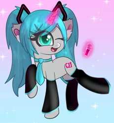 Size: 1024x1110 | Tagged: safe, artist:windykirin, derpibooru import, ponified, pony, unicorn, abstract background, blushing, clothes, female, glowing horn, hatsune miku, horn, image, jpeg, levitation, magic, microphone, one eye closed, solo, telekinesis, wink