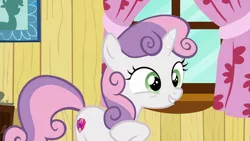 Size: 1280x720 | Tagged: safe, derpibooru import, screencap, sweetie belle, pony, unicorn, the fault in our cutie marks, clubhouse, crusaders clubhouse, female, filly, image, png, solo