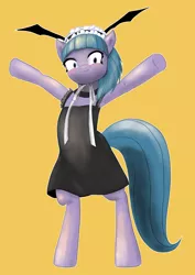 Size: 2508x3541 | Tagged: safe, artist:nullpotower, derpibooru import, tote bag (character), earth pony, pony, :3, bipedal, clothes, dress, female, headband, image, jpeg, mare, simple background, solo, yellow background