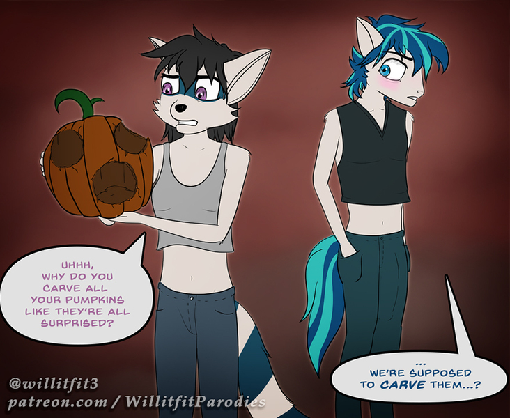 Size: 878x720 | Tagged: questionable, artist:willitfit, derpibooru import, shining armor, oc, anthro, belly button, blushing, clothes, comic, crotch bulge, dialogue, embarrassed, femboy, funny, furry, furry oc, halloween, halloween 2020, holiday, humor, image, jeans, jpeg, male, pants, pumpkin, shining femboy armor, short shirt